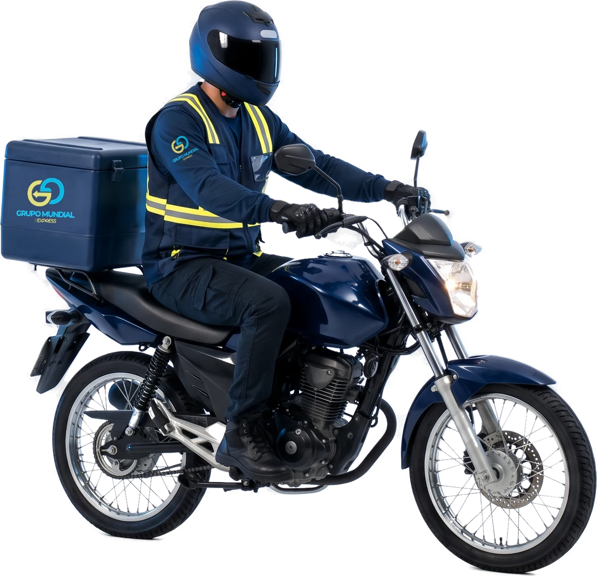 Motoboy do Grupo Mundial Express com baú e uniforme da empresa, pronto para entregas em Curitiba